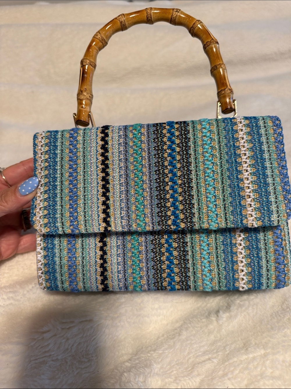 Haute Hippie Turquoise and Blue Woven Shoulder Bag with Bamboo Handle